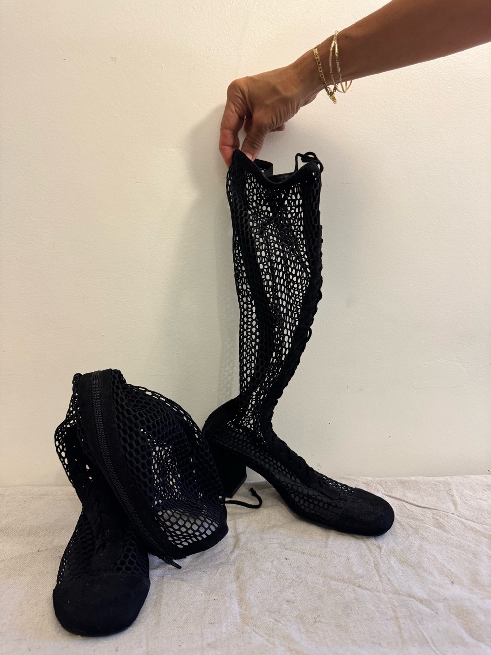 Women's Black Mesh Knee-High Boots